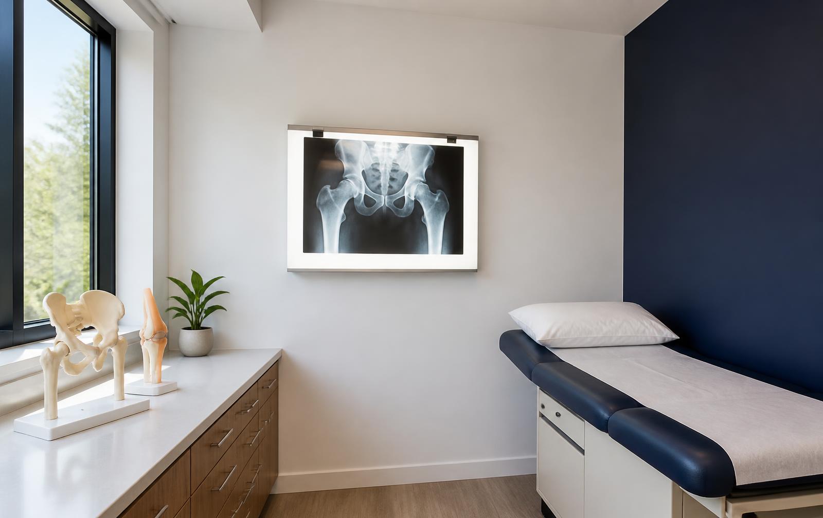 Modern orthopedic clinic exam room with hip radiograph on a light box