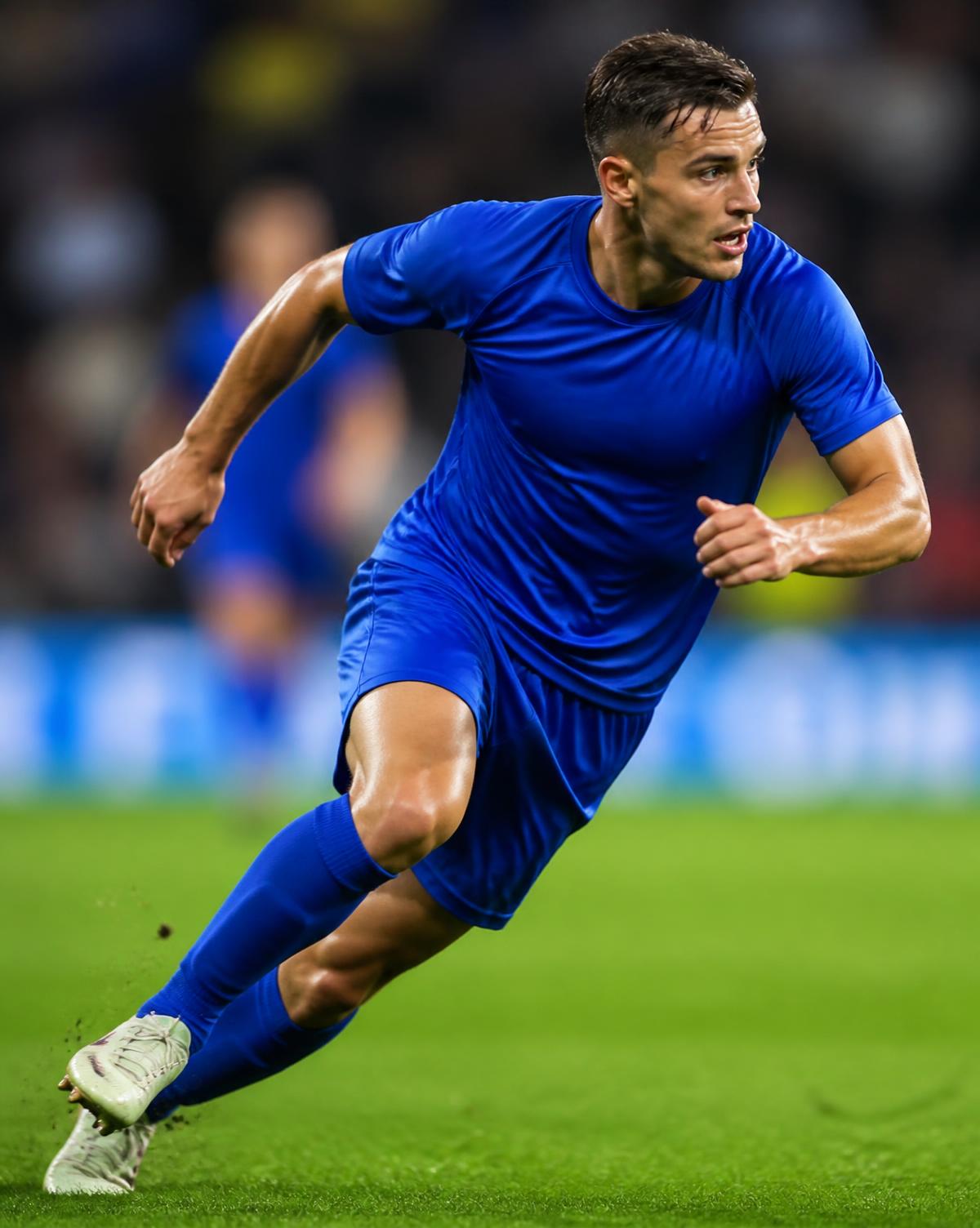 Soccer player sprinting and cutting on the pitch